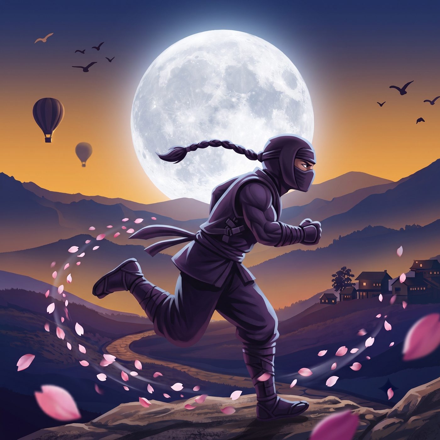A ninja silhouette running beneath a full moon, cherry blossoms swirling behind