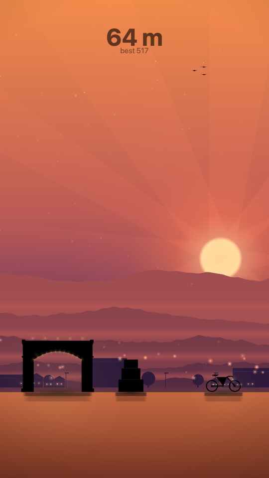 Gameplay: Dusk, an orange sunset fading into a deep violet sky