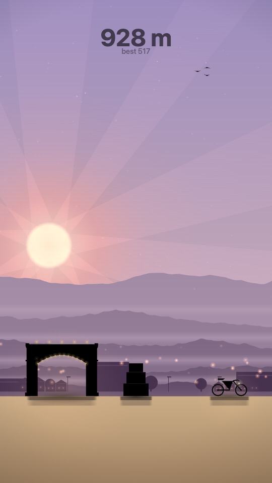 Gameplay: Dawn, a soft lavender sky with a rising sun